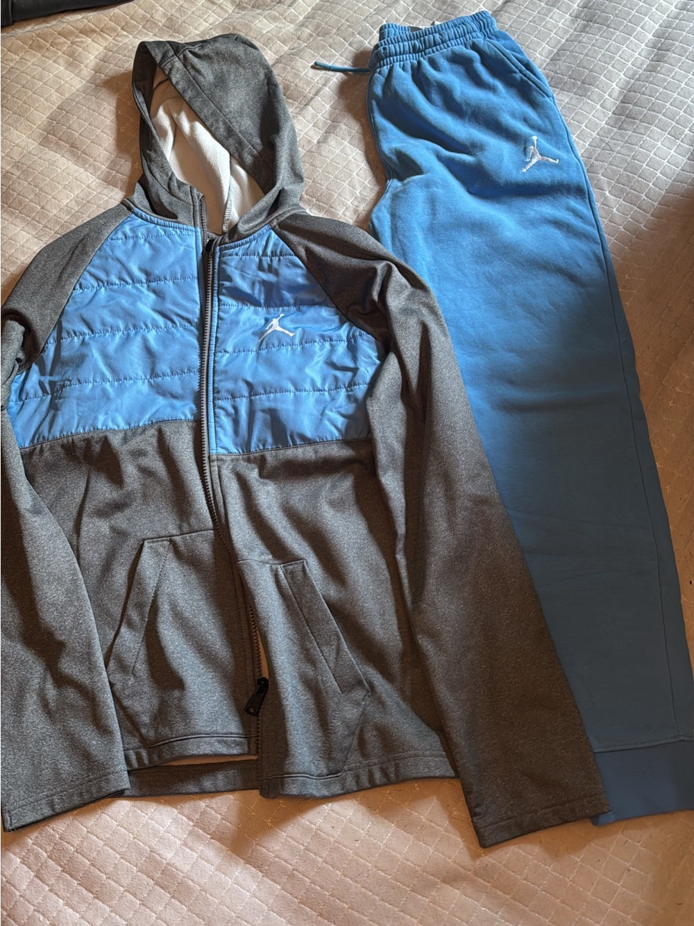 Jordan Gray Hoodie Jacket with Blue Chest Panel and Blue Joggers